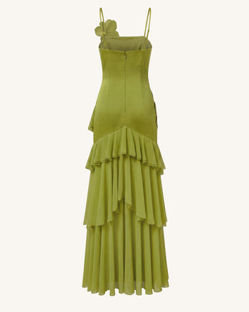 One-Shoulder-Maxikleid mit Orchideen-Stickerei und Rüschen - Olivgrün