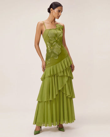 One-Shoulder-Maxikleid mit Orchideen-Stickerei und Rüschen - Olivgrün