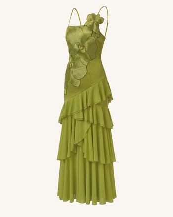 One-Shoulder-Maxikleid mit Orchideen-Stickerei und Rüschen - Olivgrün
