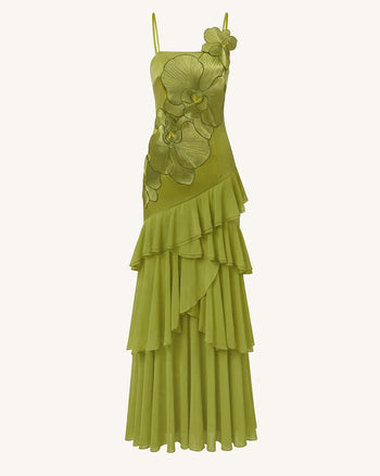 One-Shoulder-Maxikleid mit Orchideen-Stickerei und Rüschen - Olivgrün
