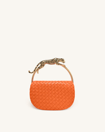 Ione Leopardförmiger Beschlag Griff Gewebte Henkeltasche - Orange