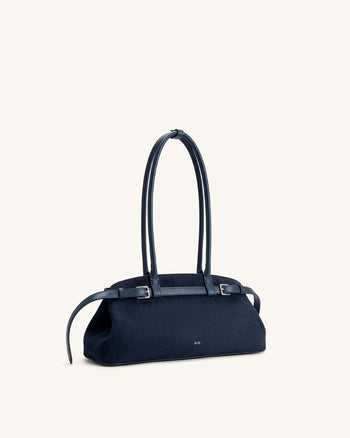 Arden Schultertasche im Querformat aus Wildlederimitat mit Gürteldetail - Marineblau