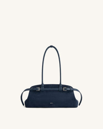 Arden Schultertasche im Querformat aus Wildlederimitat mit Gürteldetail - Marineblau