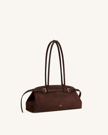 Arden Schultertasche im Querformat aus Wildlederimitat mit Gürteldetail - Kaffeebraun