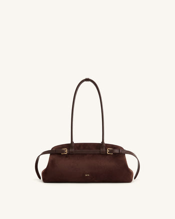 Arden Schultertasche im Querformat aus Wildlederimitat mit Gürteldetail - Kaffeebraun