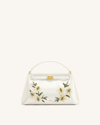 Carmen Henkeltasche mit Lilien-Stickerei - Elfenbeinweiß