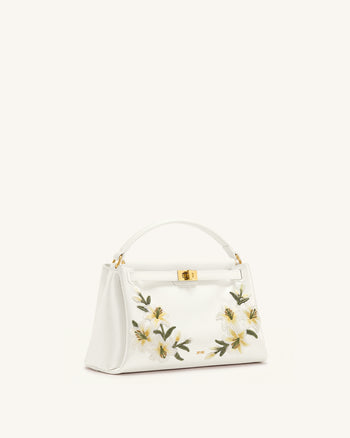 Carmen Henkeltasche mit Lilien-Stickerei - Elfenbeinweiß
