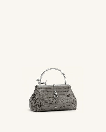 Bruna Henkeltasche mit Dackel-Metallgriff - Hellgrauer Kroko-Look