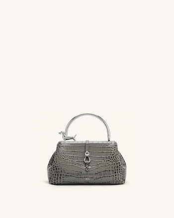 Bruna Henkeltasche mit Dackel-Metallgriff - Hellgrauer Kroko-Look