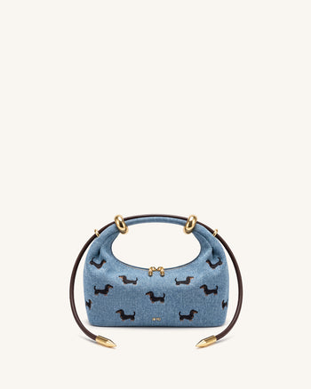 Ellie Handtasche mit besticktem Metallring-Detail – Vintage-Blau-Denim