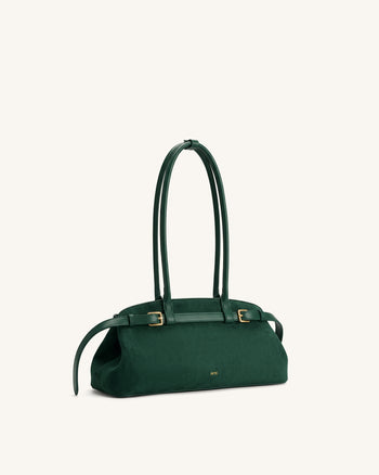Arden Schultertasche im Querformat aus Wildlederimitat mit Gürteldetail - Dunkelgrün