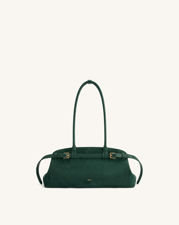 Arden Schultertasche im Querformat aus Wildlederimitat mit Gürteldetail - Dunkelgrün