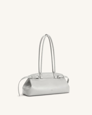 Arden Schultertasche im Querformat mit Gürteldetail - Hellgrau