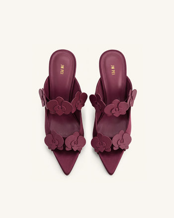 Rosalie Mules mit Orchideen-Applikation und Kugelabsatz - Bordeauxrot