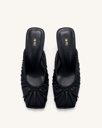 Solenne Geraffte Satin-Mules mit Schleife – Schwarz