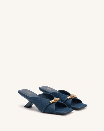 Lena Denim-Sandaletten mit Metall-Knotenriemen – Denim-Blau
