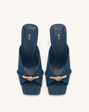 Lena Denim-Sandaletten mit Metall-Knotenriemen – Denim-Blau