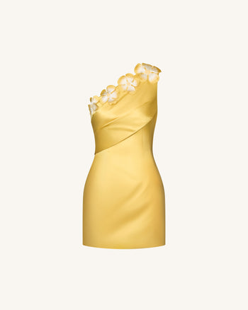 Minikleid mit Blumenapplikation und einem Träger – Gelb