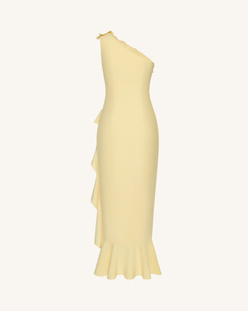 Kleid mit Blumenapplikation, einem Träger, Rüschen und Schlitz – Gelb