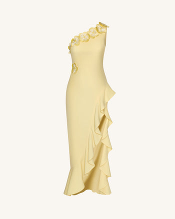 Kleid mit Blumenapplikation, einem Träger, Rüschen und Schlitz – Gelb