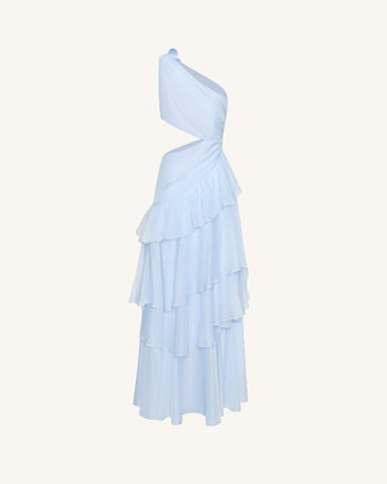 Chiffon-Maxikleid mit One, Schulterausschnitt und Rüschen – Blau