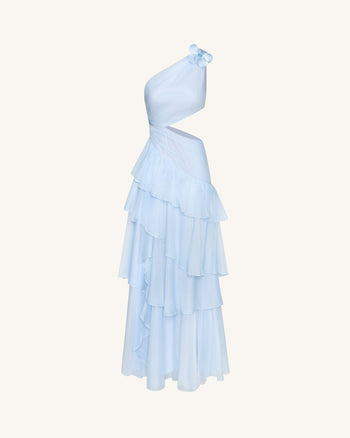 Chiffon-Maxikleid mit One, Schulterausschnitt und Rüschen – Blau