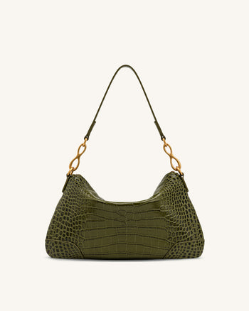 Jayla Schultertasche mit Metallanhänger-Verzierung - Grüne Krokoprägung