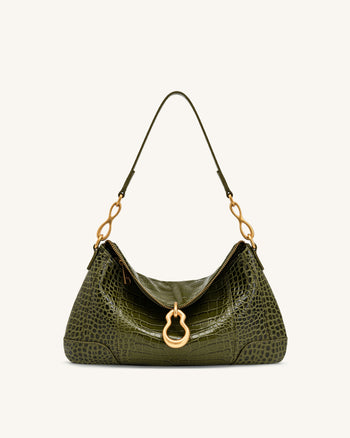 Jayla Schultertasche mit Metallanhänger-Verzierung - Grüne Krokoprägung