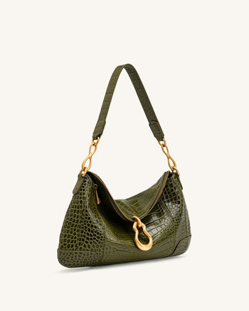 Jayla Schultertasche mit Metallanhänger-Verzierung - Grüne Krokoprägung
