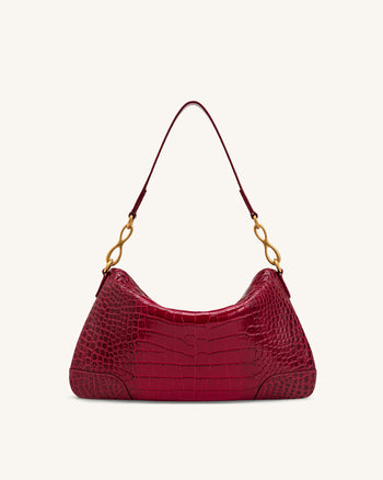 Jayla Schultertasche mit Metallanhänger-Verzierung - Rote Krokoprägung