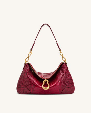 Jayla Schultertasche mit Metallanhänger-Verzierung - Rote Krokoprägung