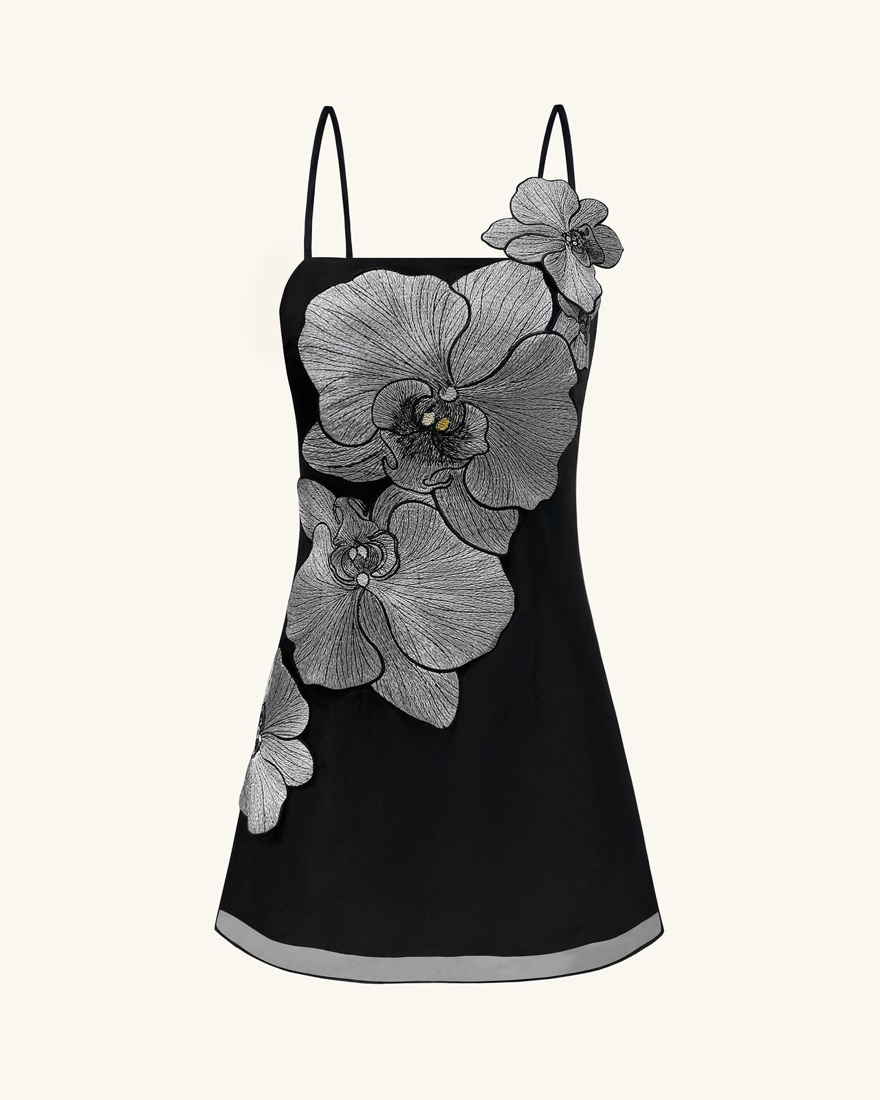 Orchideen Applikations Minikleid - Schwarz/Silber