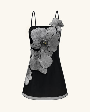 Orchideen Applikations Minikleid - Schwarz/Silber