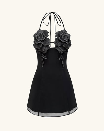 Blumen besticktes Minikleid - Schwarz