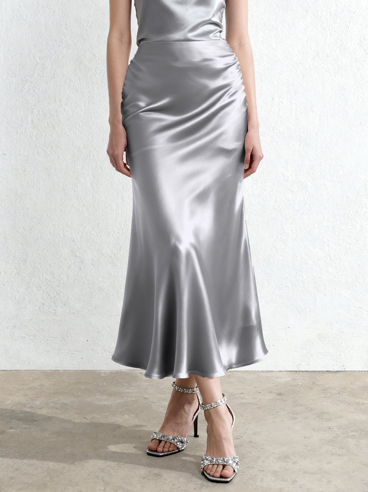 Fließender Satin Meerjungfrau-Maxi-Rock – Silber