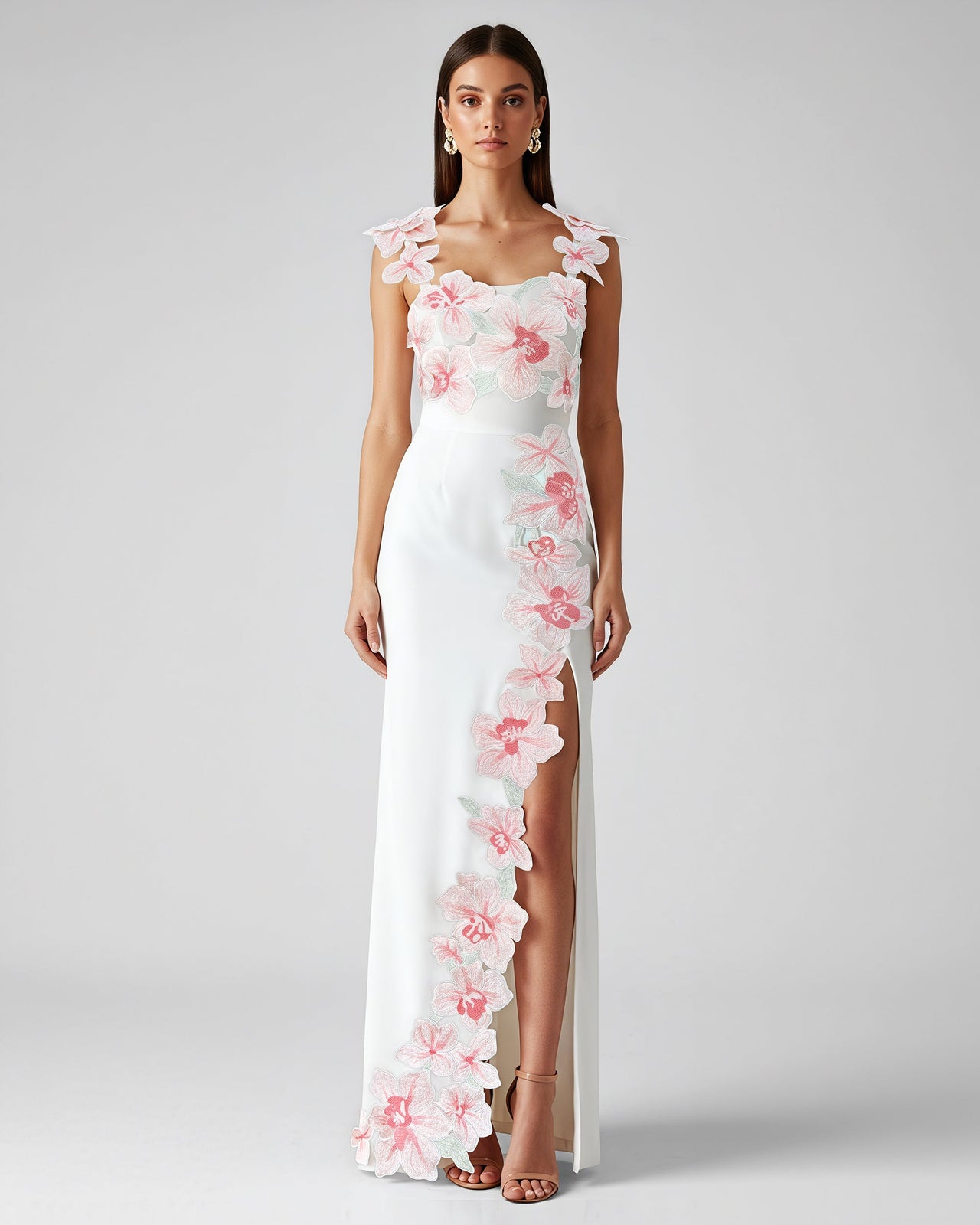 Blumenbesticktes Kleid - Weiß/Rosa