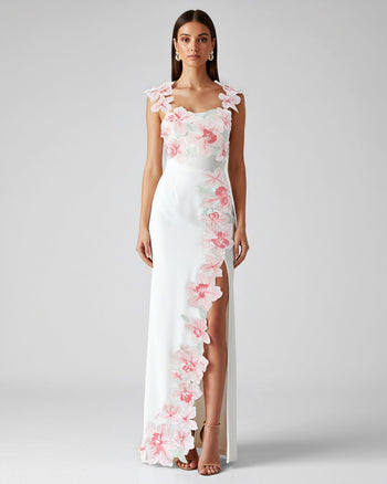 Blumenbesticktes Kleid - Weiß/Rosa