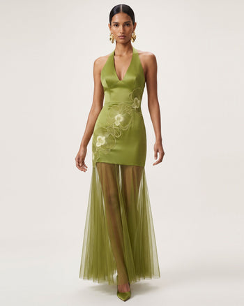 Maxikleid mit Neckholder, Orchideenstickerei und transparentem Saum - Olivgrün