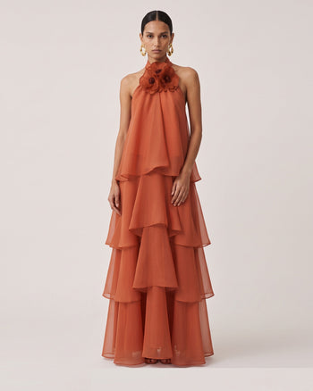 Poppy Besticktes Neckholder-Stufen-Maxikleid mit Rüschen - Burnt Orange