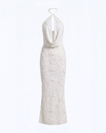 Maxikleid mit Orchideen-Perlenstickerei, Schlüsselloch-Ausschnitt und Neckholder – Weiß