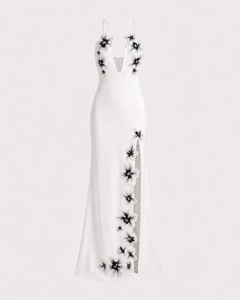 Maxikleid mit Neckholder, Blumenstickerei und Cut-outs - Weiß