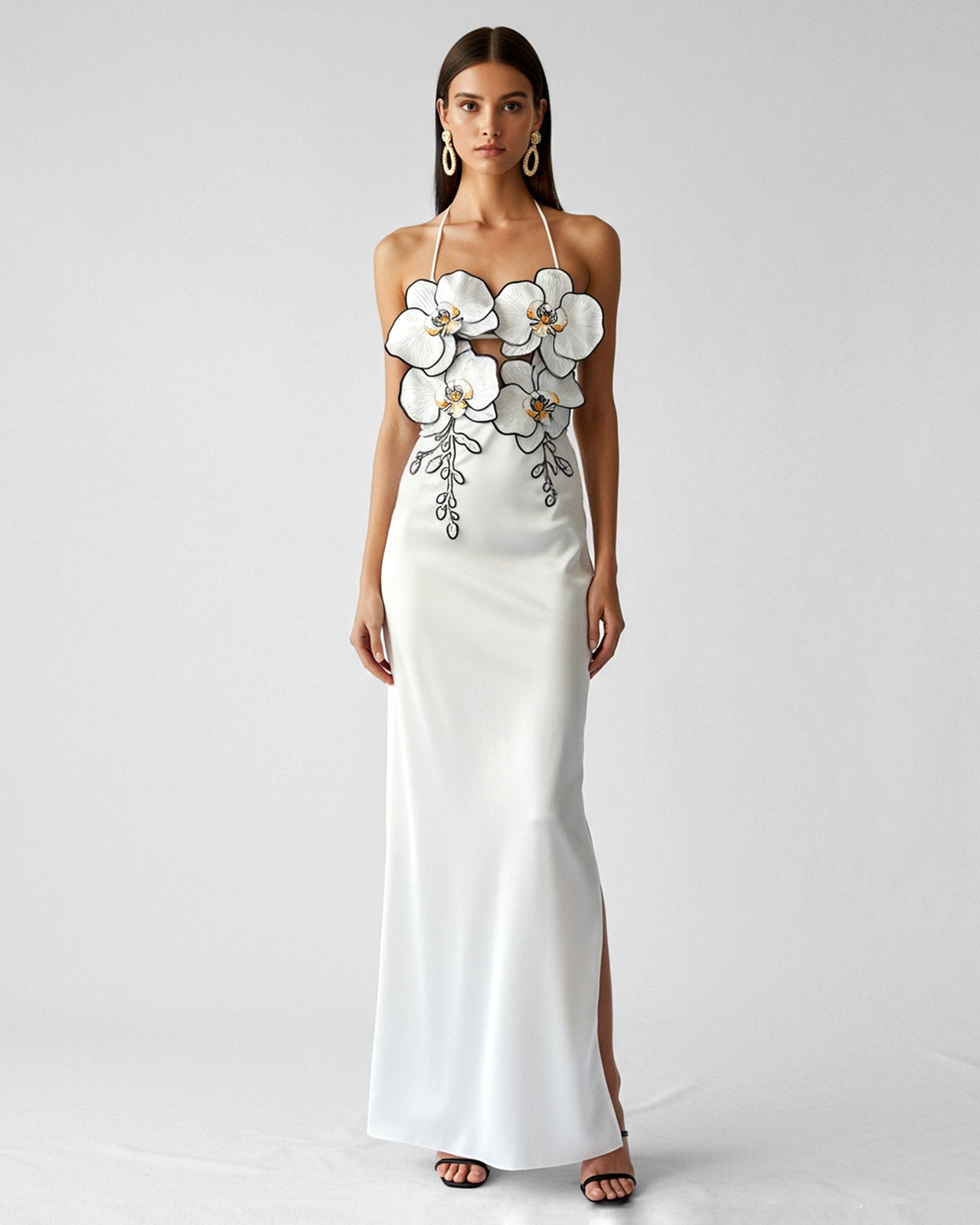 Orchideen besticktes Kleid - Weiß/Schwarz