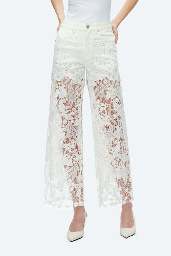Bestickte High-Rise-Jeans mit weitem Bein aus Spitzen-Denim und Strass – Weiß