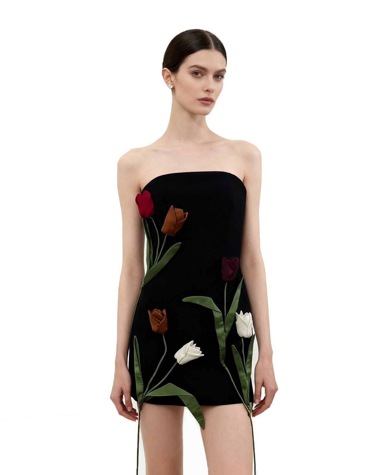 Tulpen-Applikation trägerloses Kleid - Schwarz