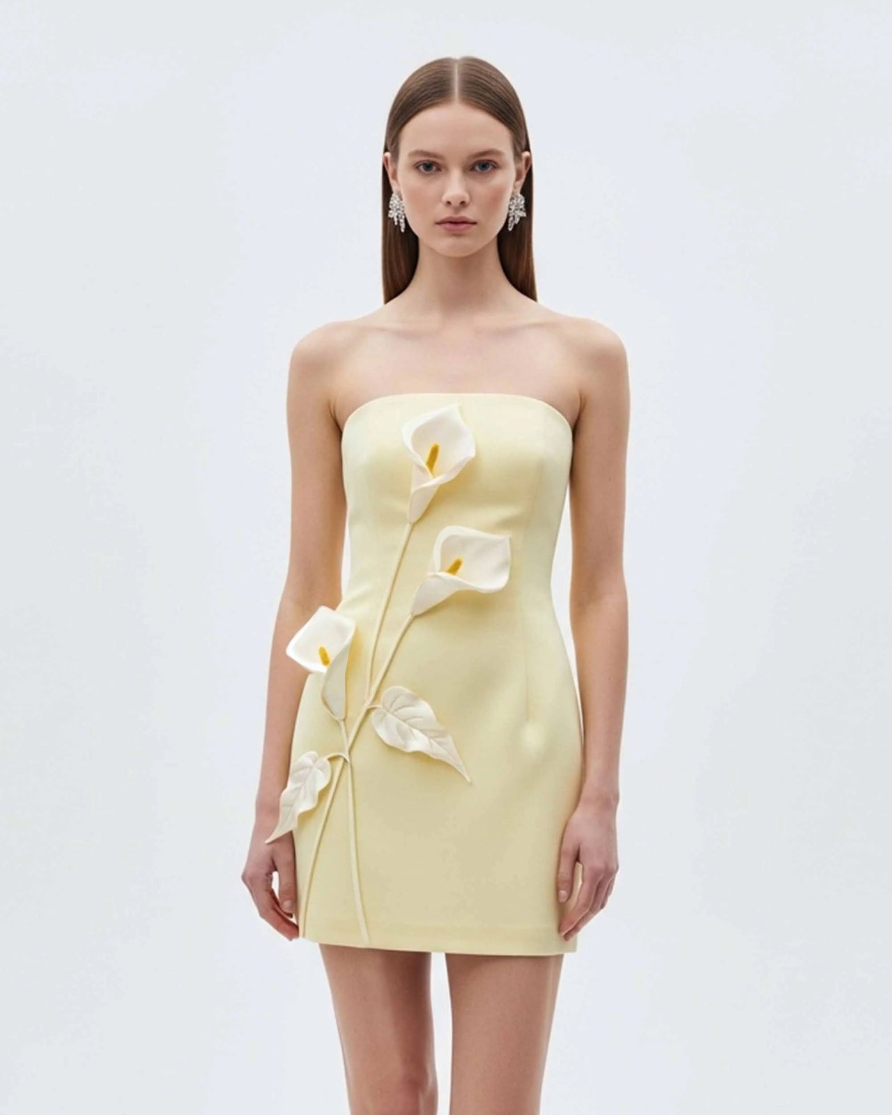 Trägerloses Kleid mit Blumenapplikation - Gelb