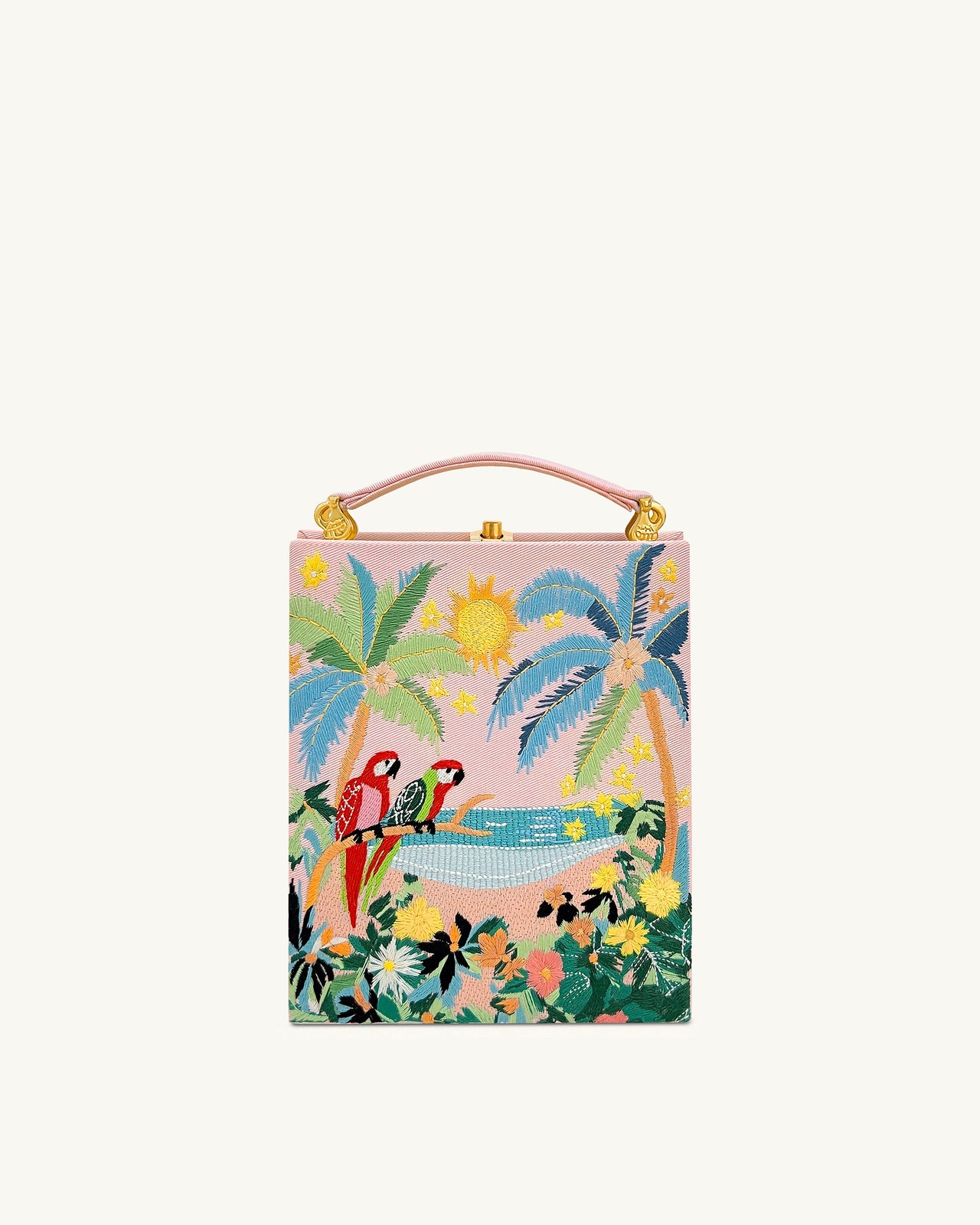 Taya Clutch-Tasche in Buchform mit tropischem Papageienmuster – Rosa