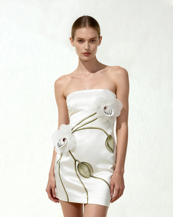 Trägerloses Kleid mit Orchideen-Applikation - Weiß