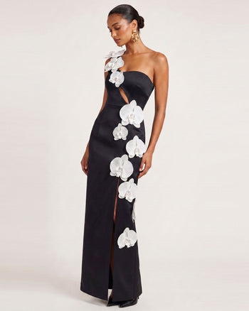 Maxikleid mit Orchideen-Verzierung, Cut-out und Schlitz - Schwarz