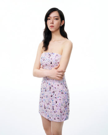 Esme Minikleid mit floraler Paillettenstickerei – Lila
