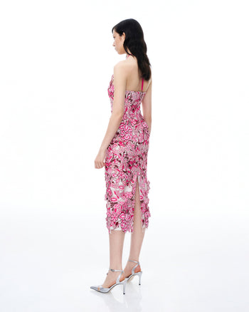 Fiora Besticktes Maxikleid mit Blumen und Neckholder – Rosenrot